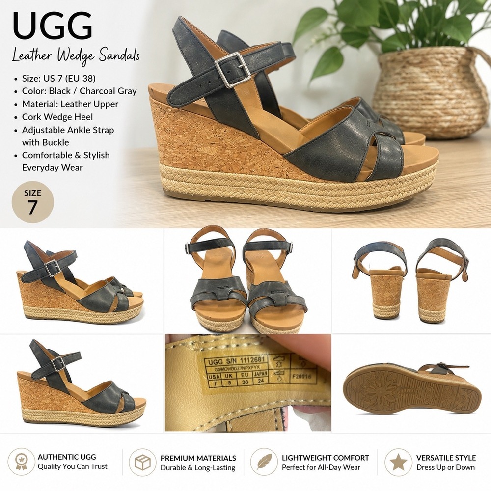 UGG Women's 1112681 Black Leather Cork Wedge Espadrille Sandals Sz 7 boho beach